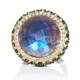 Labradorite Diamond Bezel and Blue Topaz Halo Ring