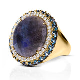Labradorite Diamond Bezel and Blue Topaz Halo Ring