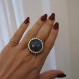 Labradorite Diamond Bezel and Blue Topaz Halo Ring