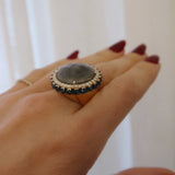 Labradorite Diamond Bezel and Blue Topaz Halo Ring